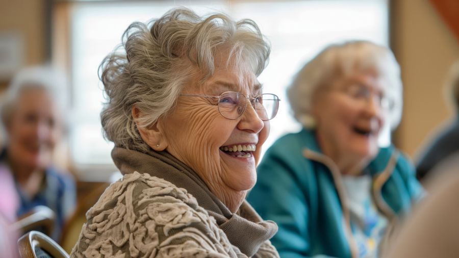 Radiant elderly lady smiling, surrounded by friends at a cozy event
